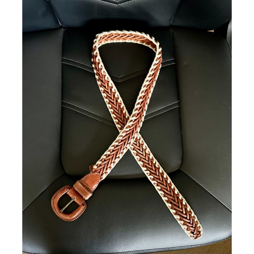 Vintage Boho Western Woven Leather Belt Brown White Crochet Braided Cowgirl Belt